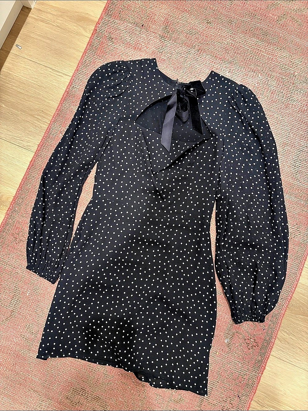 Polka Dot Bow Neck Mini Dress in Black & White Like New
